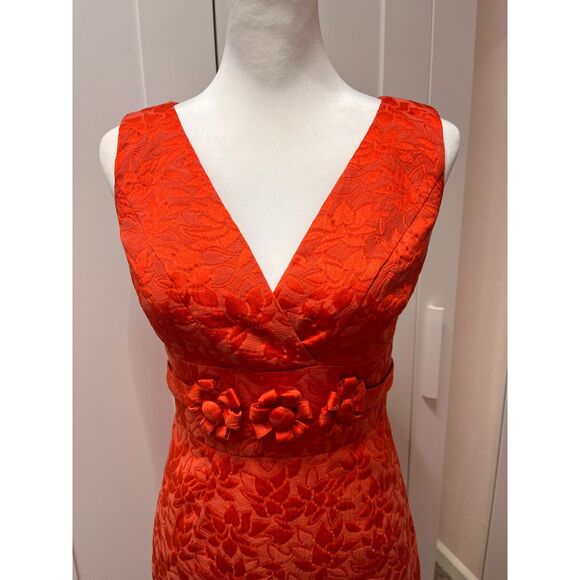 Ellen Tracy Jacquard Floral Orange V-neck Sleeveless Sheath Dress Size Small - Picture 5 of 14